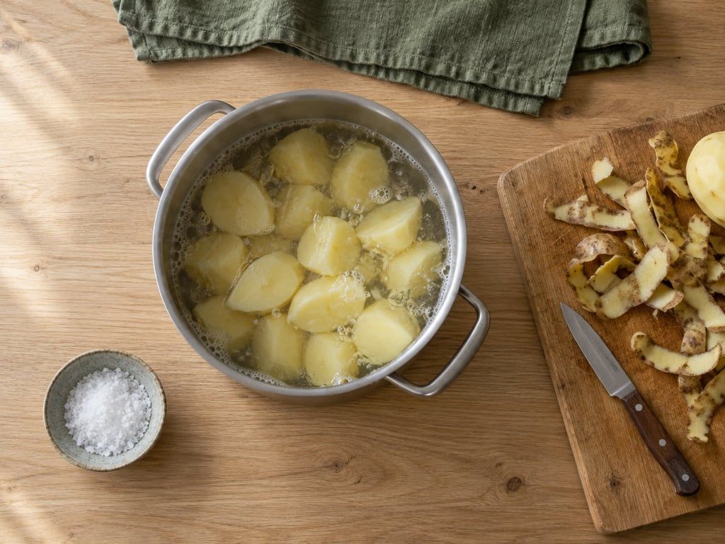 Geschilde aardappelstukken in een pan met kokend water, naast een snijplank met schillen