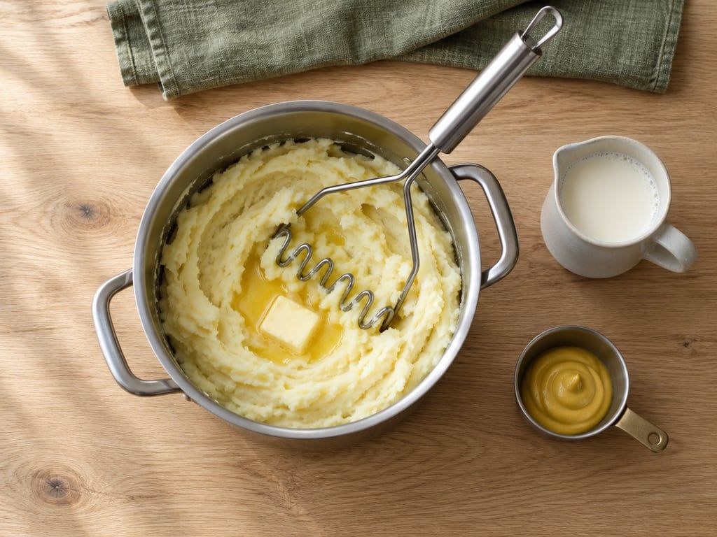 Fijngestampte aardappelen in de pan met een klontje boter, een kannetje melk en mosterd