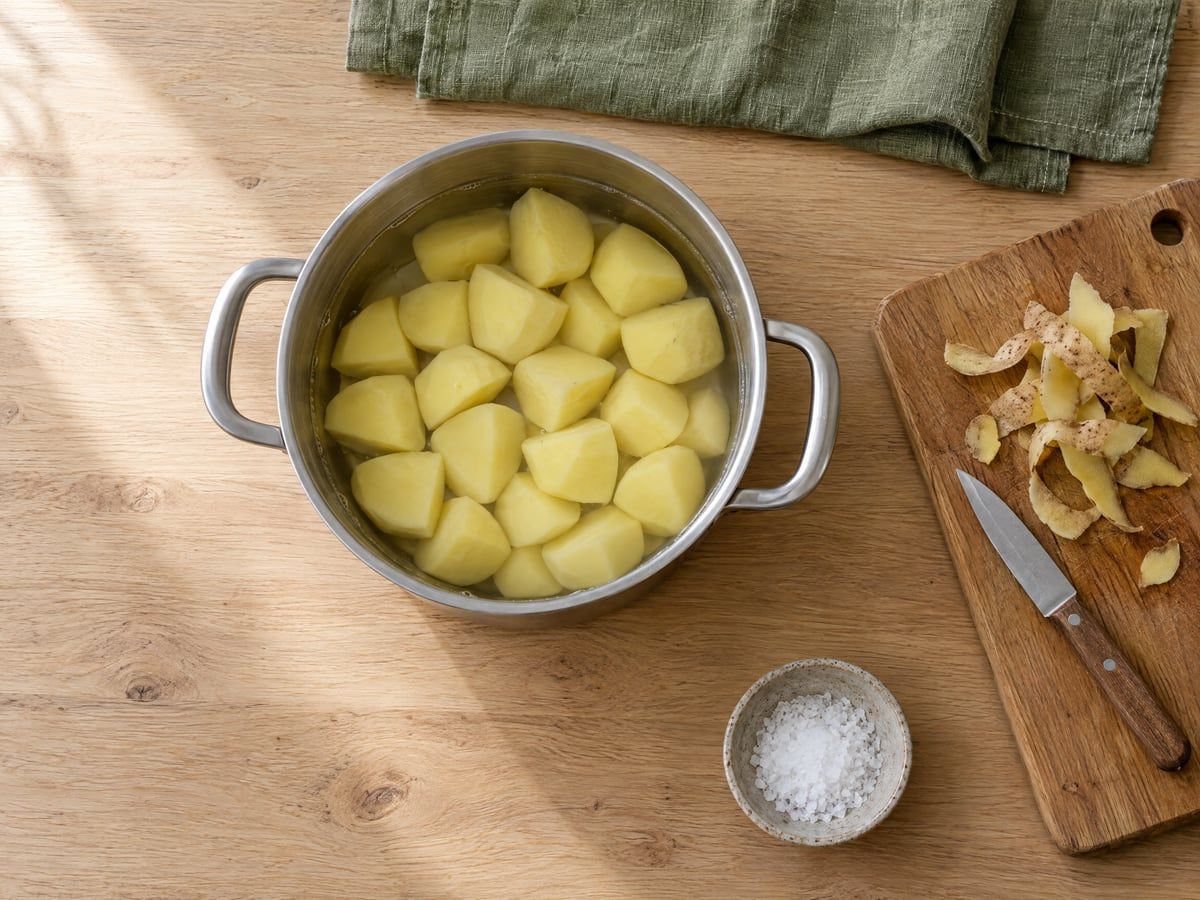 Geschilde aardappelstukken in een pan met water, naast een snijplank met schillen en een schaaltje zout