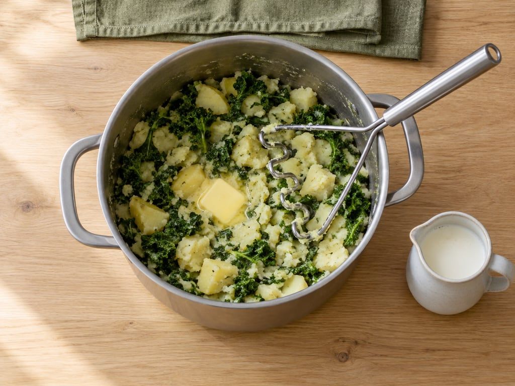 Aardappelen en boerenkool in de pan met een klontje boter en een kannetje warme melk