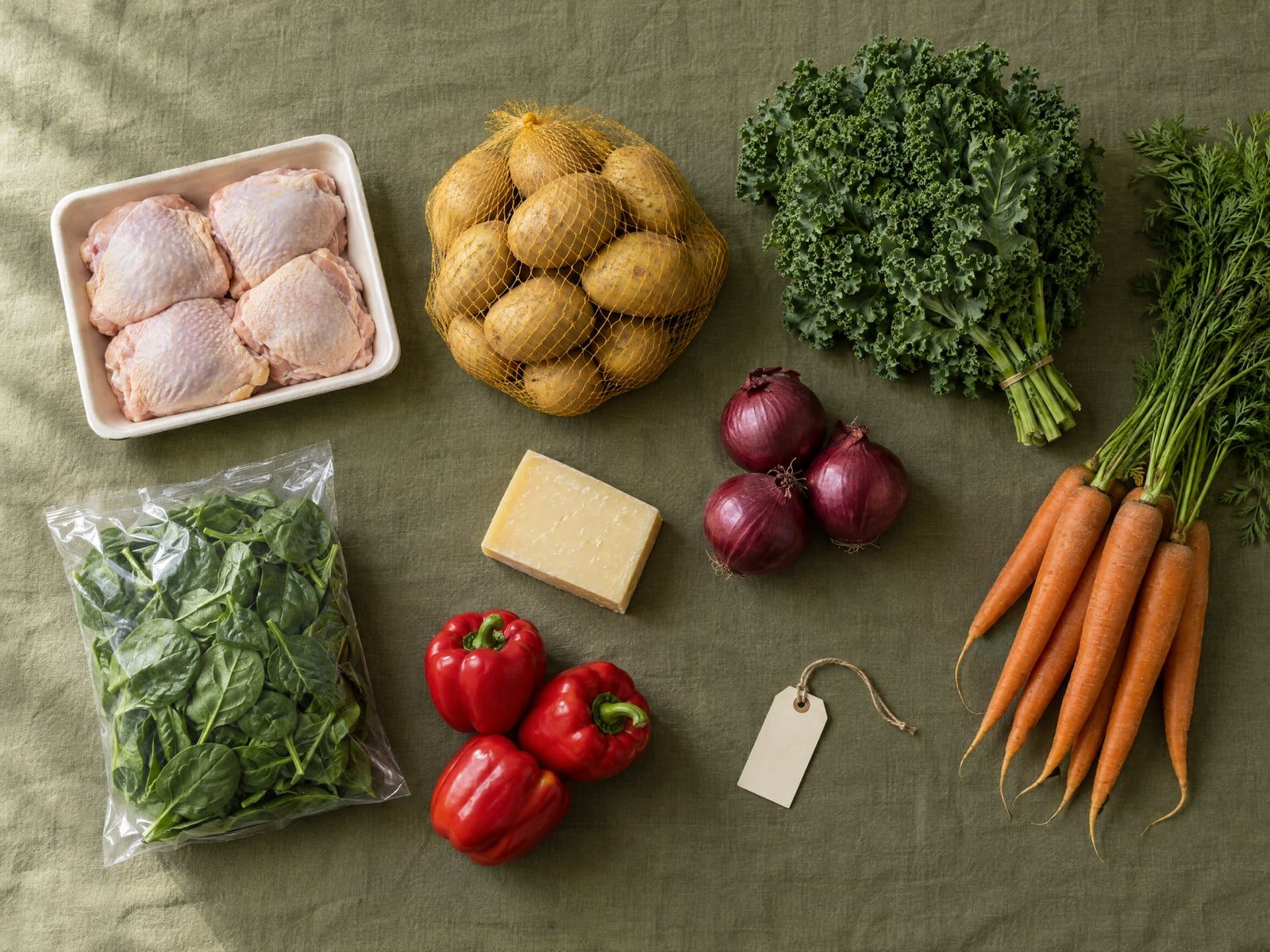 Boodschappen voor de week op een olijfgroen linnen kleed: kippendijen, aardappelen, boerenkool, wortels, rode uien, kaas, spinazie en paprika