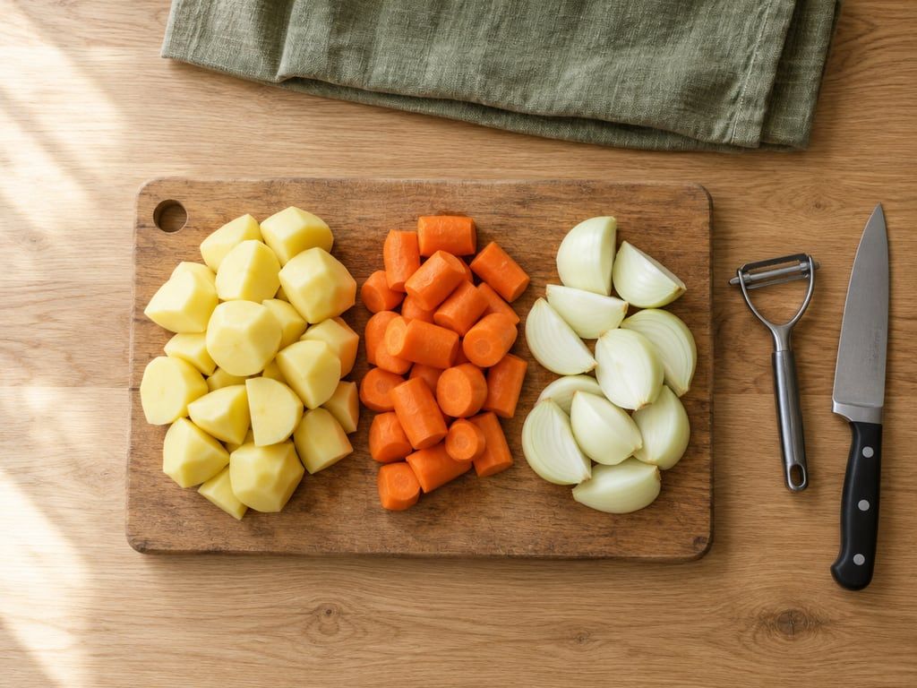 Stukken aardappel, winterpeen en uiparten op een snijplank met een dunschiller