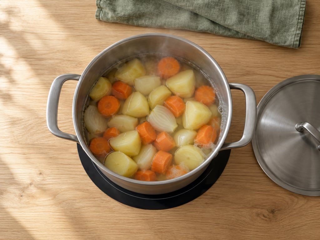 Pan met aardappel, wortel en ui in dampend water, de deksel ernaast