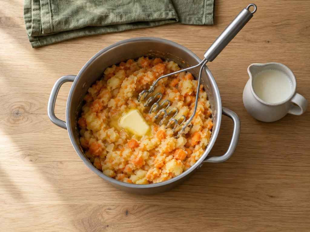 Grof gestampte hutspot in de pan met een klontje boter en een kannetje warme melk