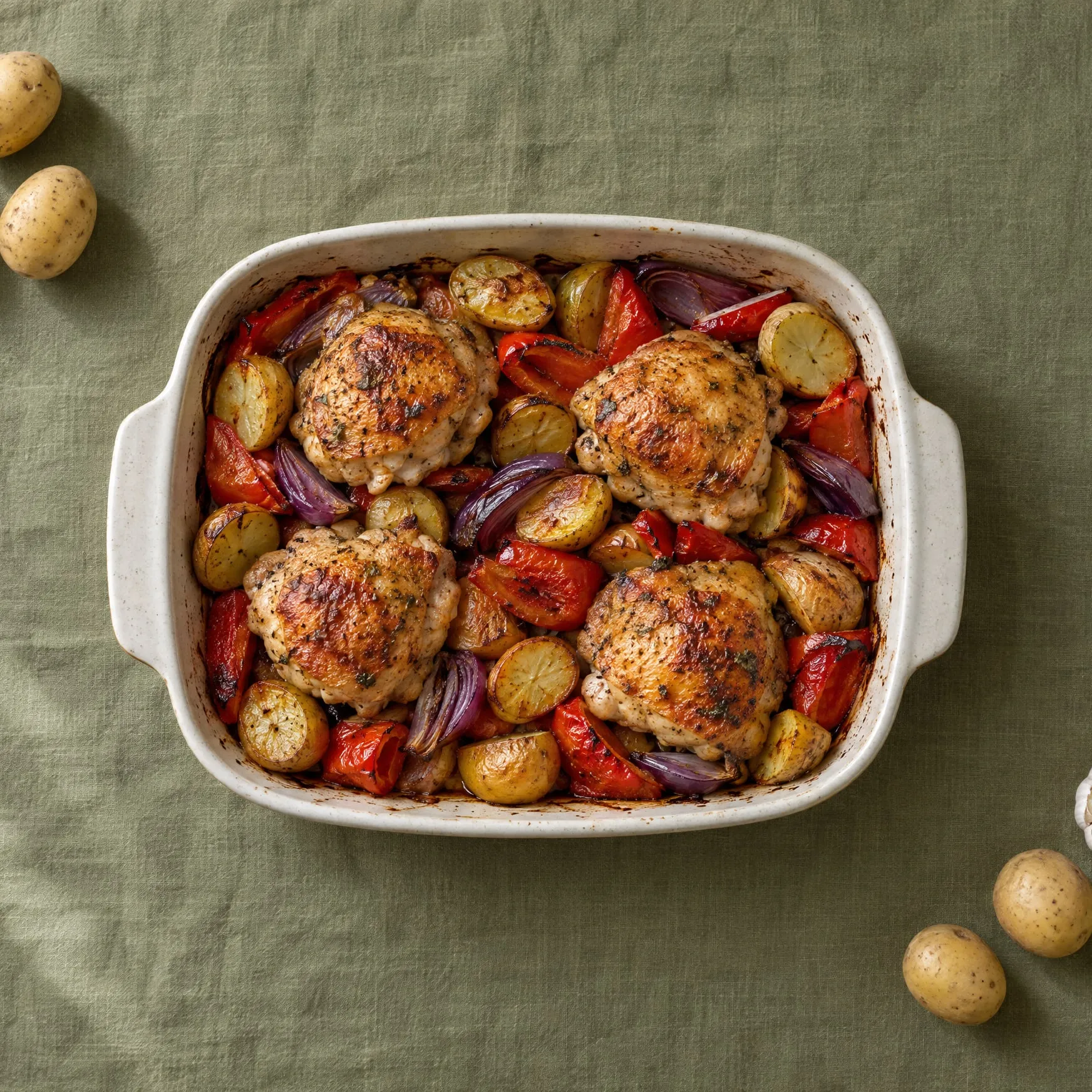 Geroosterde kippendijen met krieltjes, rode paprika en rode ui in een ovenschaal op een olijfgroen linnen kleed
