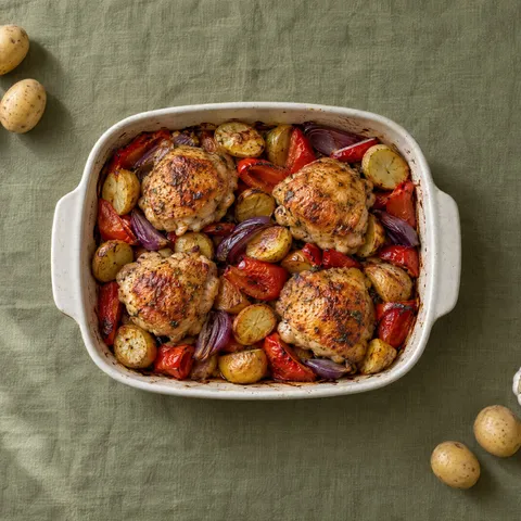 Geroosterde kippendijen met krieltjes, rode paprika en rode ui in een ovenschaal op een olijfgroen linnen kleed