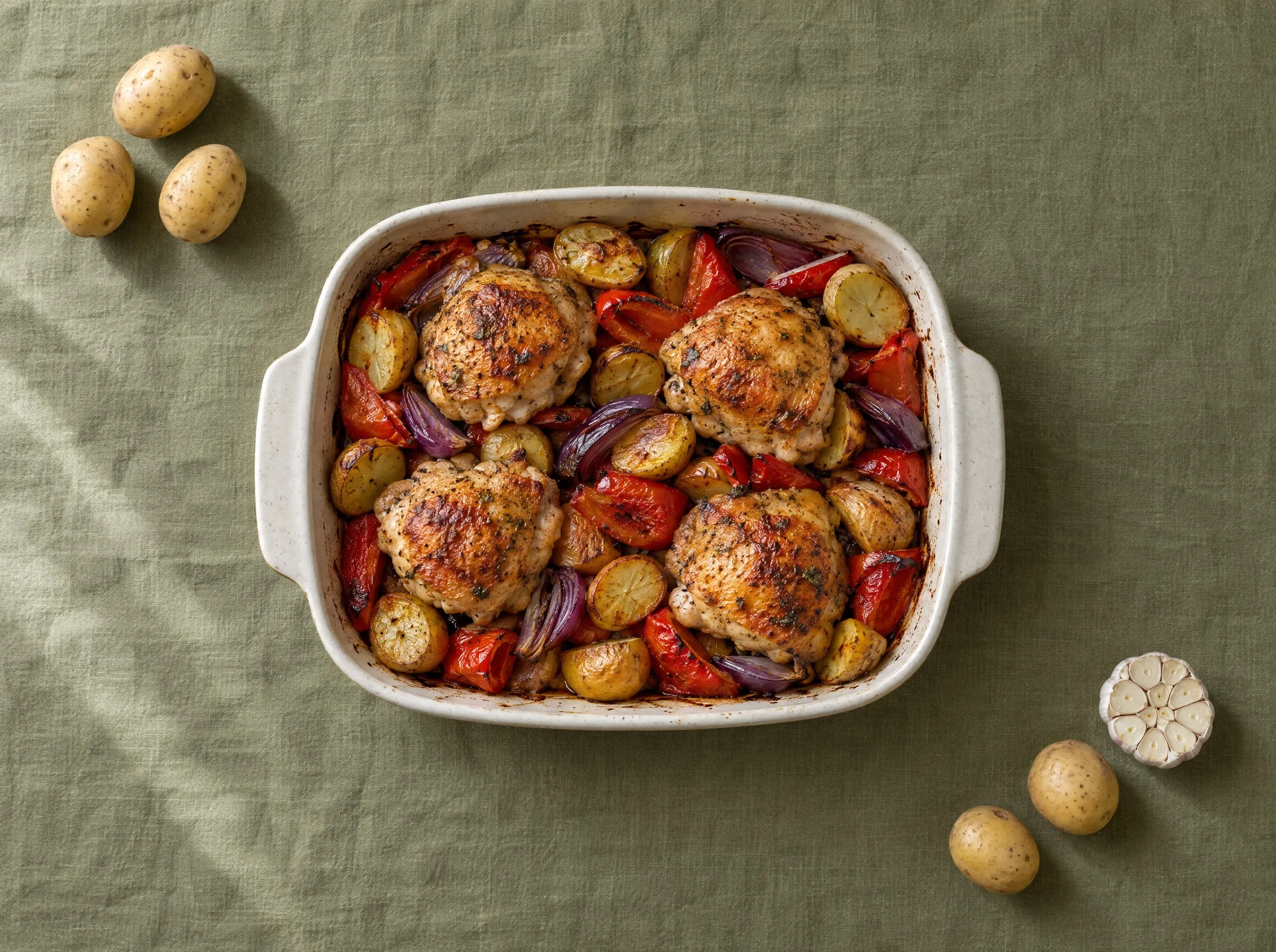 Geroosterde kippendijen met krieltjes, rode paprika en rode ui in een ovenschaal op een olijfgroen linnen kleed