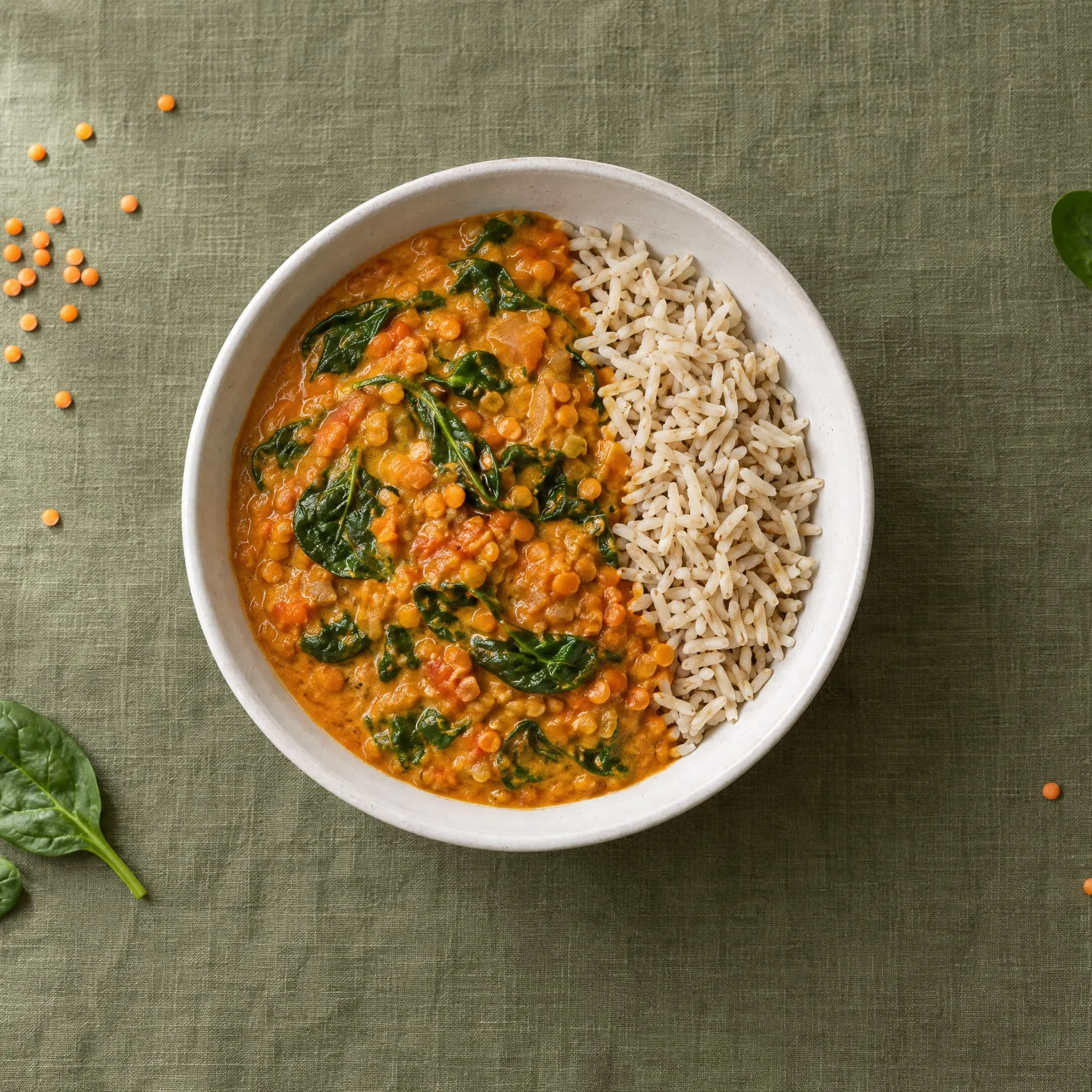 Rode linzencurry met spinazie en zilvervliesrijst in een witte kom op een olijfgroen linnen kleed