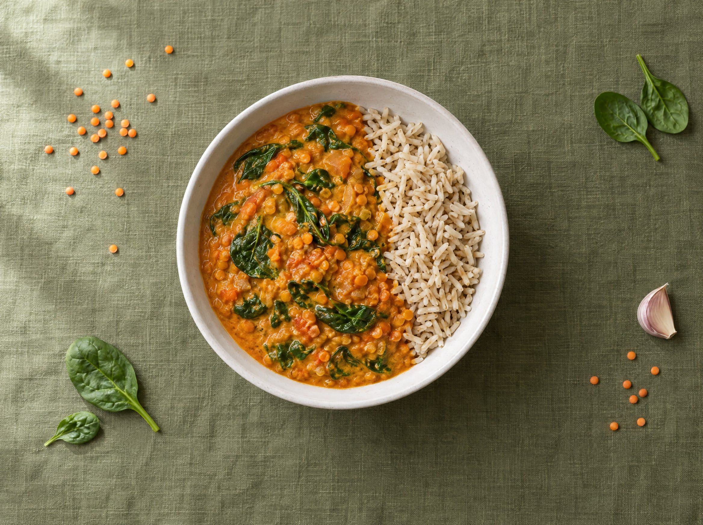 Rode linzencurry met spinazie en zilvervliesrijst in een witte kom op een olijfgroen linnen kleed