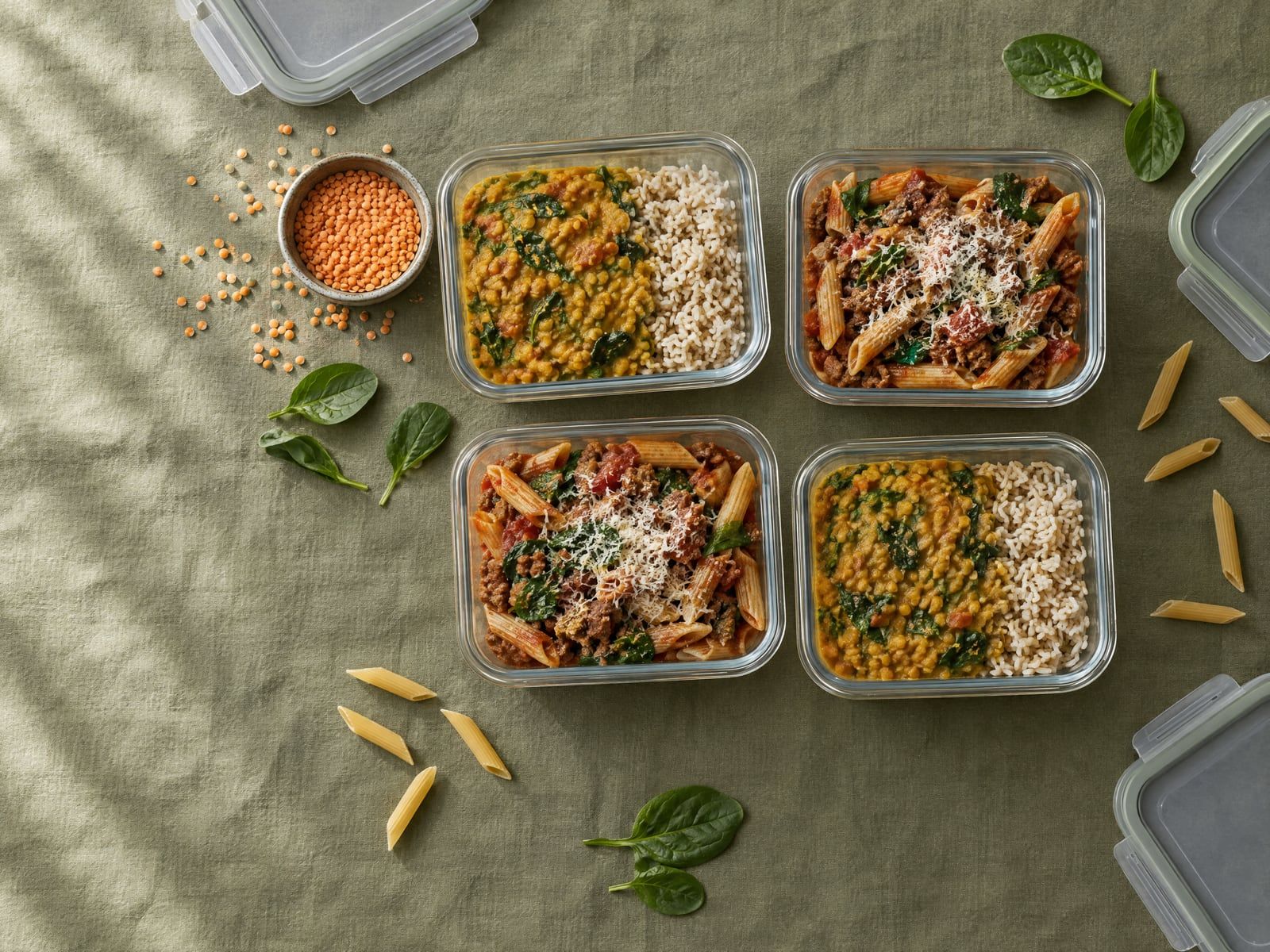 Vier glazen bakjes met linzencurry met rijst en pasta met gehakt en spinazie op een olijfgroen linnen kleed
