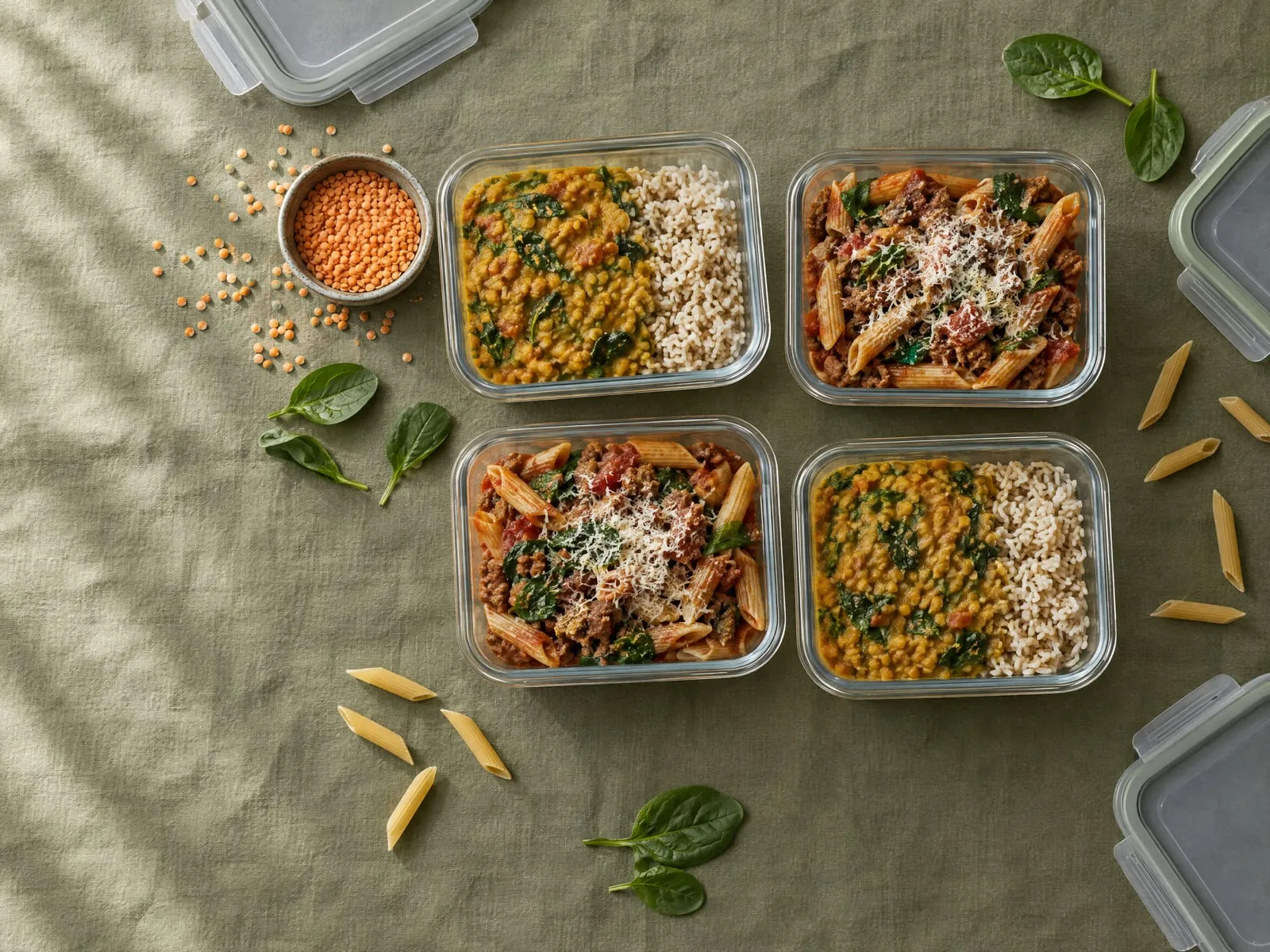 Vier glazen bakjes met linzencurry met rijst en pasta met gehakt en spinazie op een olijfgroen linnen kleed