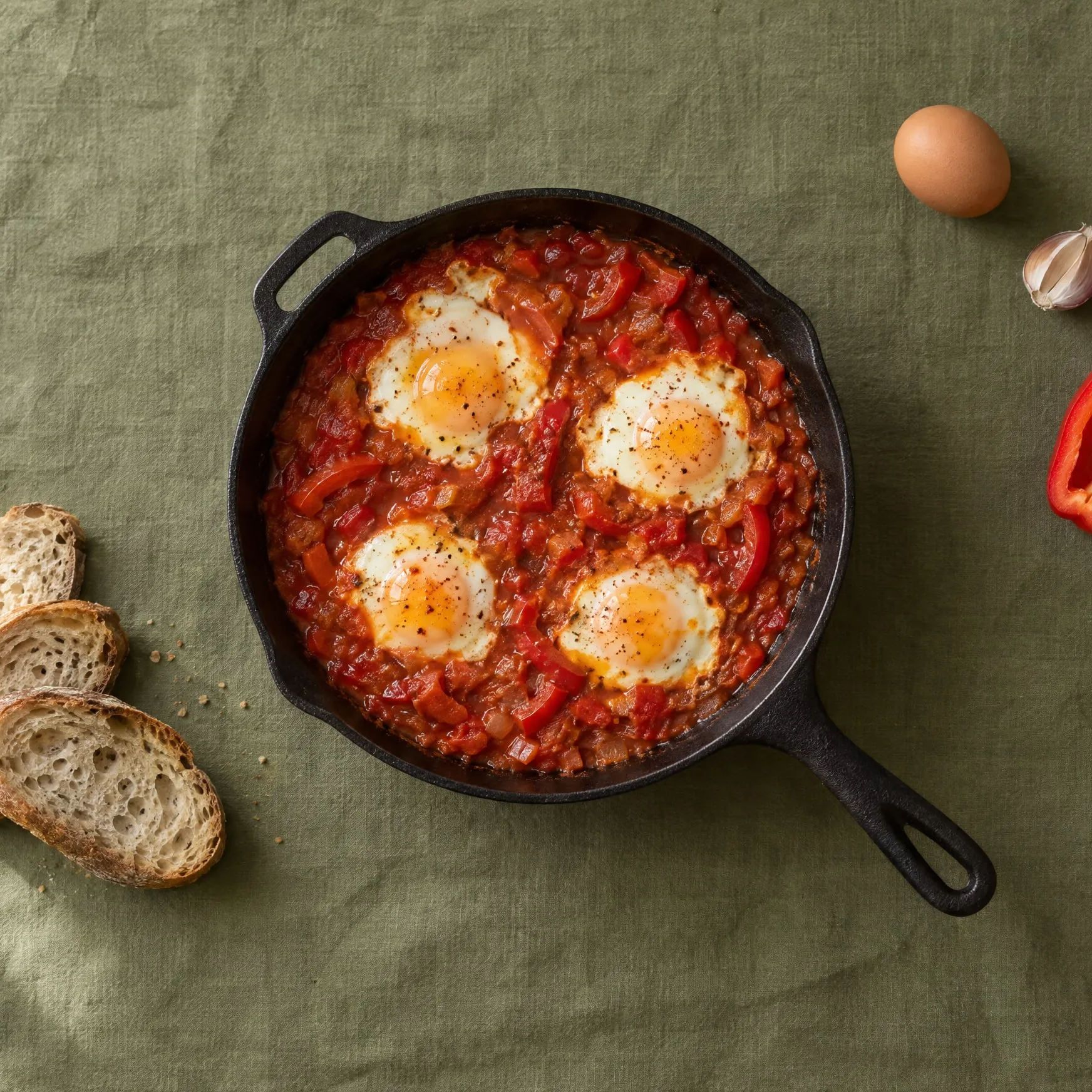 Shakshuka met vier eieren in tomaten-paprikasaus in een gietijzeren pan, met sneetjes brood, op een olijfgroen linnen kleed