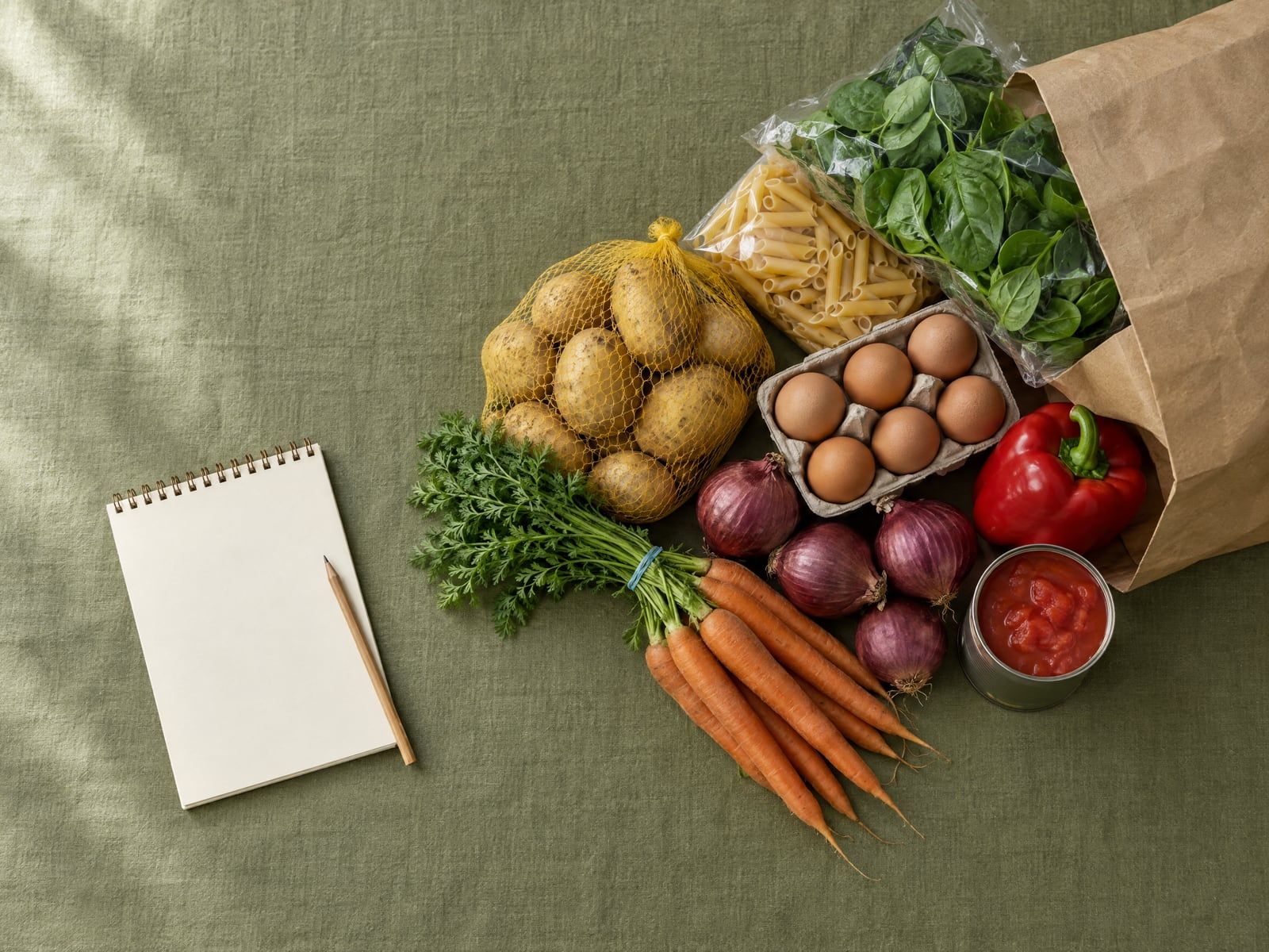 Een leeg notitieblok met potlood naast een papieren zak met boodschappen: aardappelen, wortels, rode uien, eieren, penne, spinazie, paprika en tomaten uit blik