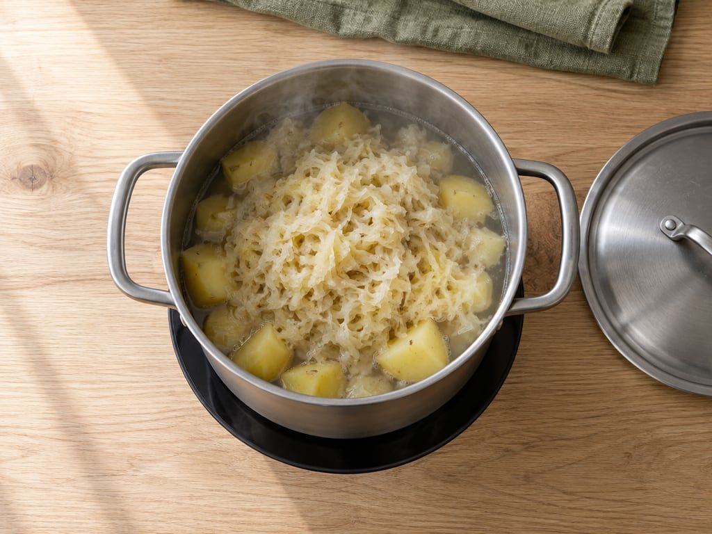 Pan met zuurkool bovenop de aardappelen, de deksel ernaast