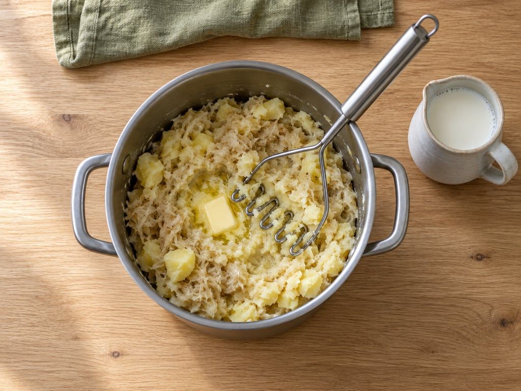 Aardappelen en zuurkool fijngestampt in de pan met boter en een kannetje warme melk