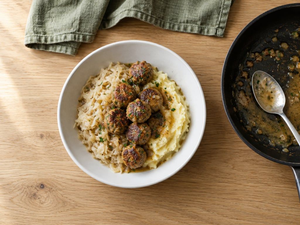 Kom zuurkoolstamppot met gehaktballetjes en jus uit de pan